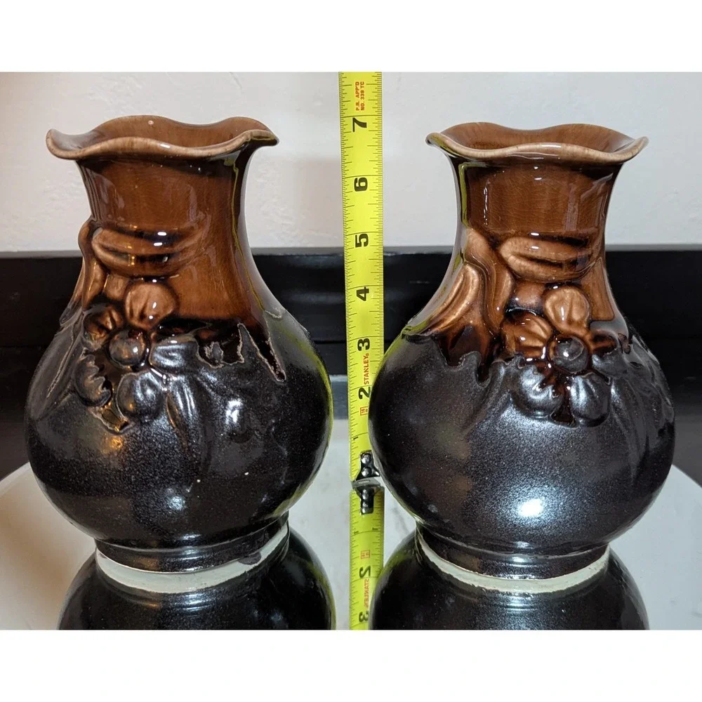 Vintage Flowers & Bows Raku Crackle Drip Glazed Scalloped Edge Vases, Set of Two